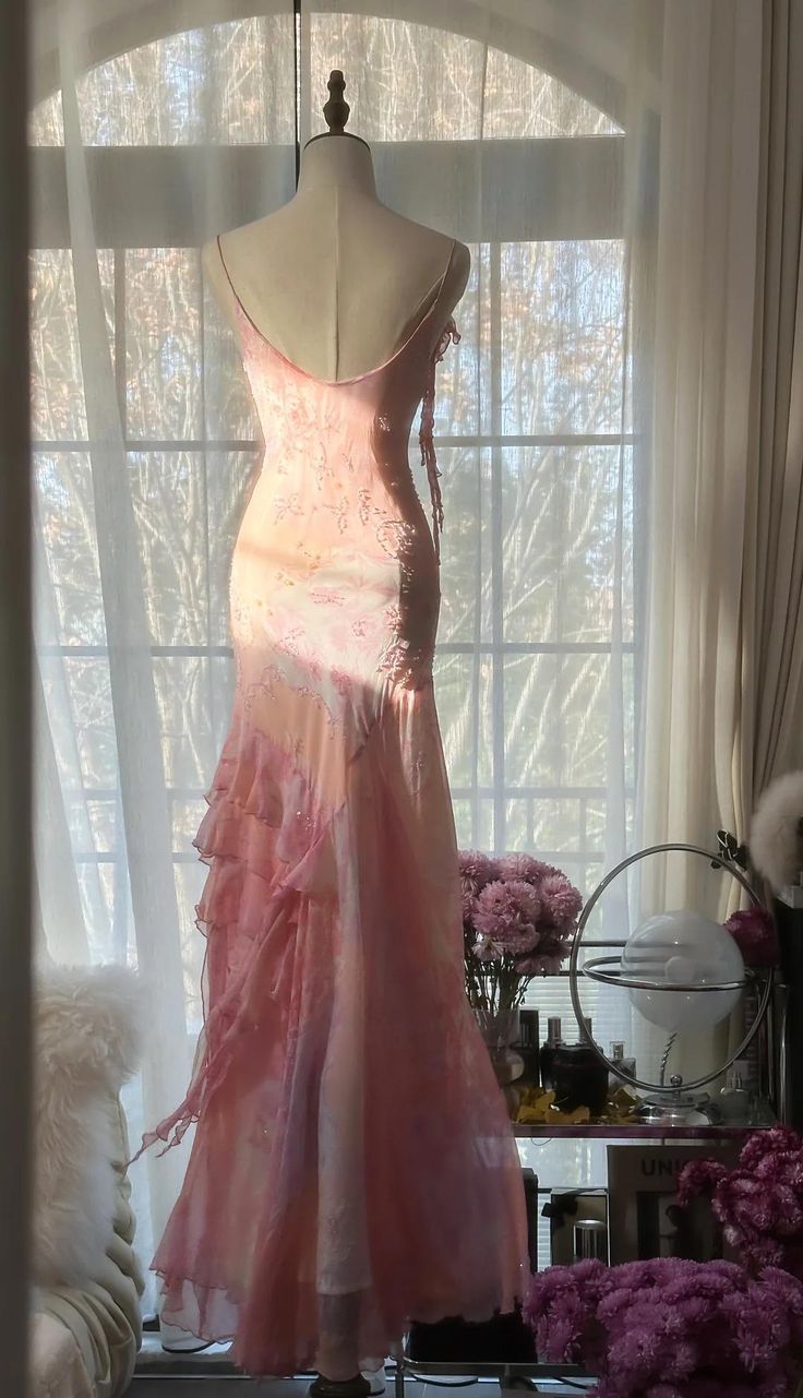 Fairytale Pink Mermaid Spaghetti Strap Beaded Ruffle Chiffon Prom Dresses
