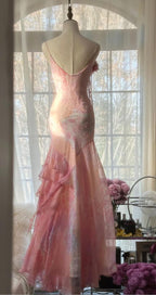 Fairytale Pink Mermaid Spaghetti Strap Beaded Ruffle Chiffon Prom Dresses