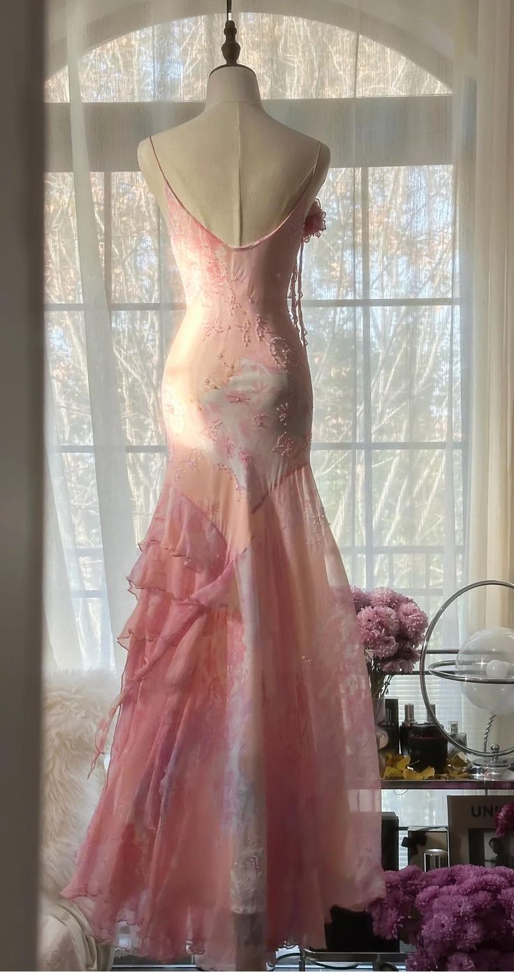 Fairytale Pink Mermaid Spaghetti Strap Beaded Ruffle Chiffon Prom Dresses
