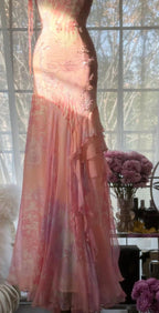 Fairytale Pink Mermaid Spaghetti Strap Beaded Ruffle Chiffon Prom Dresses