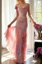 Fairytale Pink Mermaid Spaghetti Strap Beaded Ruffle Chiffon Prom Dresses