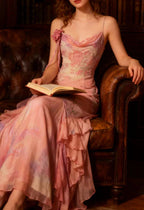 Fairytale Pink Mermaid Spaghetti Strap Beaded Ruffle Chiffon Prom Dresses