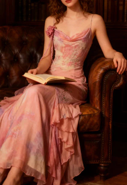 Fairytale Pink Mermaid Spaghetti Strap Beaded Ruffle Chiffon Prom Dresses