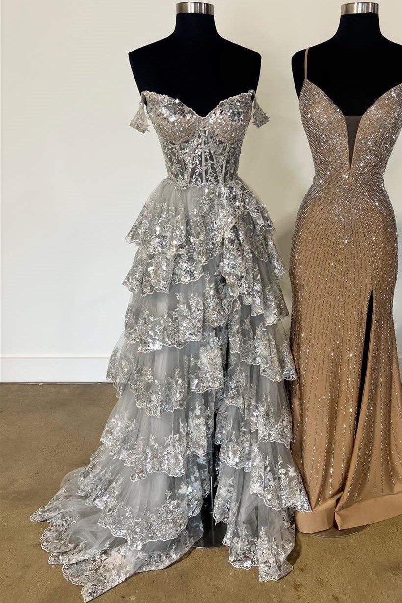 Fairytale Sequin-Embroidery Off-The-Shoulder Tiered Long Prom Dresses With Slit