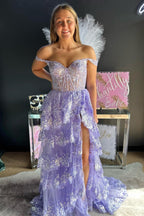 Fairytale Sequin-Embroidery Off-The-Shoulder Tiered Long Prom Dresses With Slit