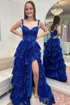 Fairytale Sequin-Embroidery Off-The-Shoulder Tiered Long Prom Dresses With Slit