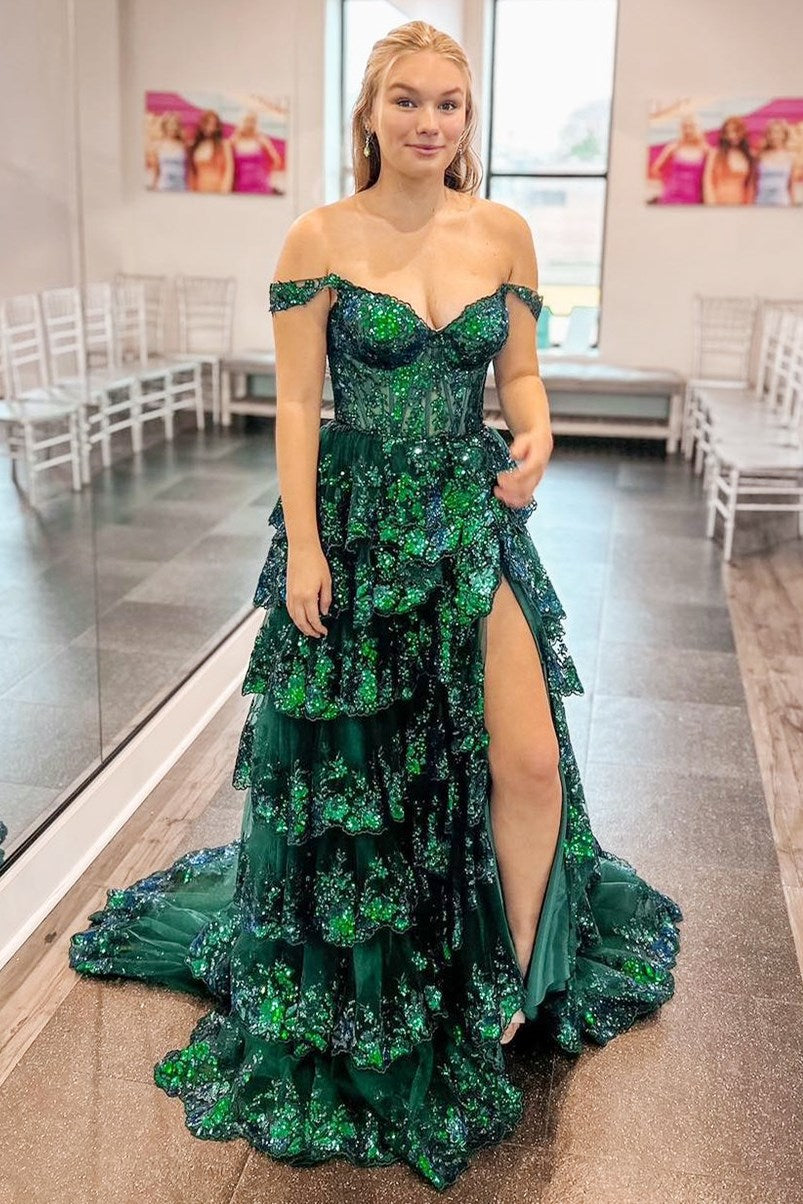 Fairytale Sequin-Embroidery Off-The-Shoulder Tiered Long Prom Dresses With Slit