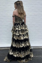 Fairytale Sequin-Embroidery Off-The-Shoulder Tiered Long Prom Dresses With Slit