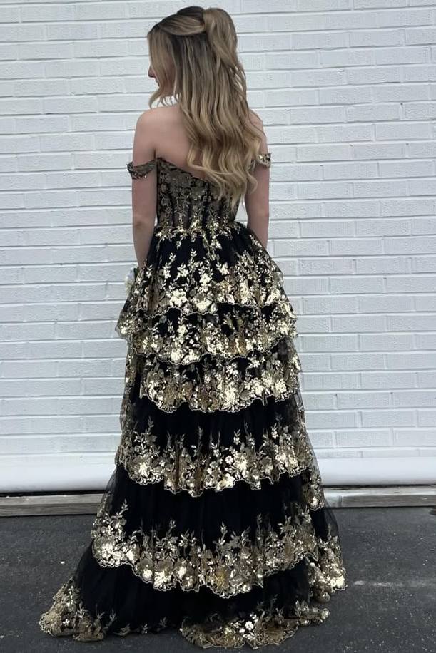 Fairytale Sequin-Embroidery Off-The-Shoulder Tiered Long Prom Dresses With Slit