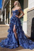 Fairytale Sequin-Embroidery Off-The-Shoulder Tiered Long Prom Dresses With Slit