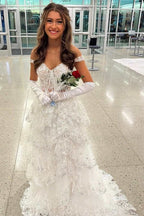 Fairytale Sequin-Embroidery Off-The-Shoulder Tiered Long Prom Dresses With Slit