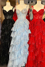 Fairytale Sequin-Embroidery Off-The-Shoulder Tiered Long Prom Dresses With Slit