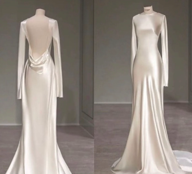 Fairytale With Long Sleeves And Open Back Satin Wedding Dresses