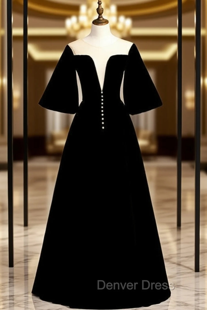 Fancy Black Velvet Horn Sleeve Illusion Prom Dresses