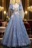 Fancy Blue Tulle Puff Sleeve Flower Prom Dresses