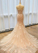 Fantastic Mermaid Tulle Wedding Dresses With Lace Appliques & 3D Flowers & Beadings
