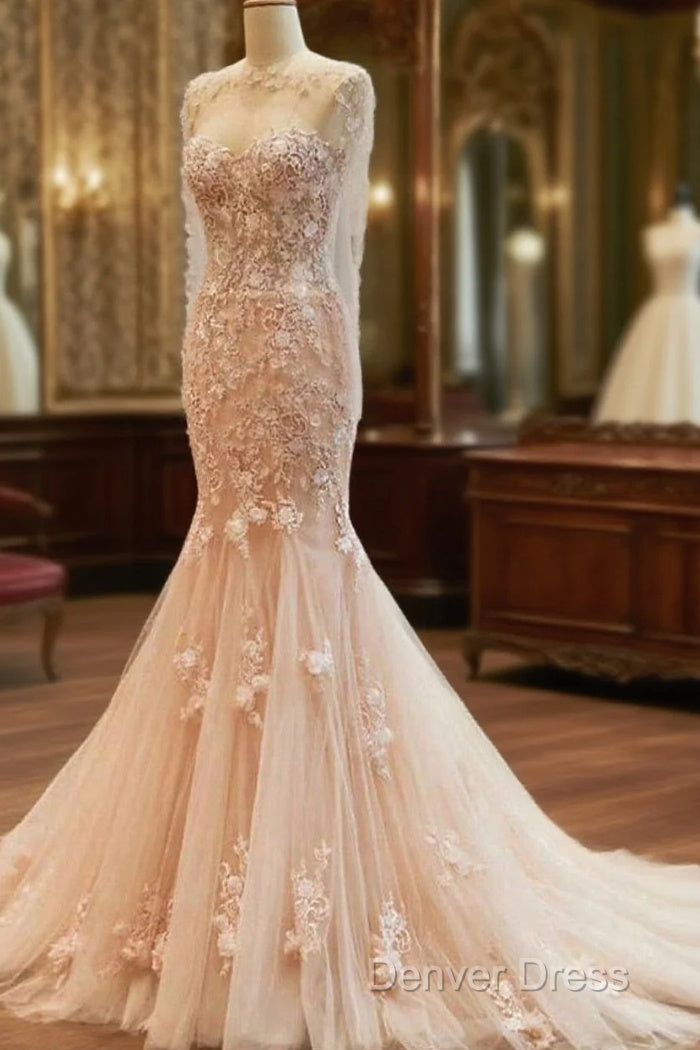 Fantastic Mermaid Tulle Wedding Dresses With Lace Appliques & 3D Flowers & Beadings Main image