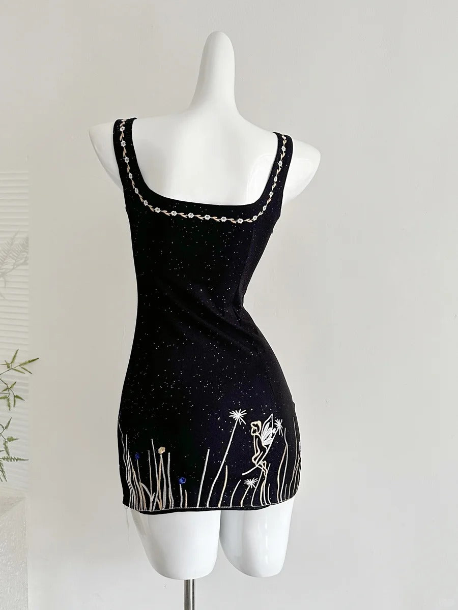 Fantasy Black Embroidered Slim Square Neck Short Birthday Dresses Homecoming Dresses
