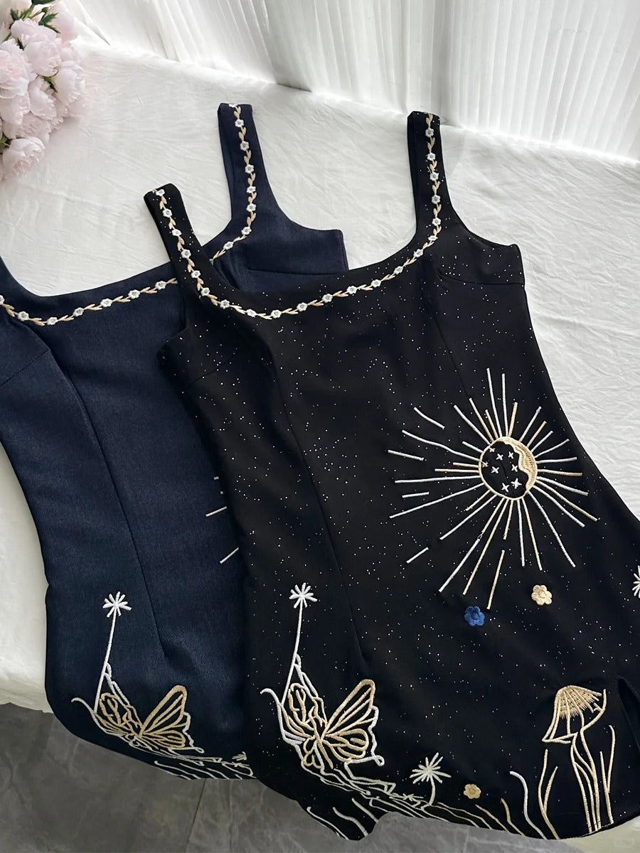 Fantasy Black Embroidered Slim Square Neck Short Birthday Dresses Homecoming Dresses