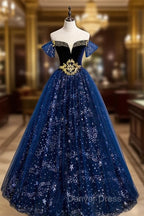 Fantasy Blue BallGowns Tulle Prom Dresses with Bling