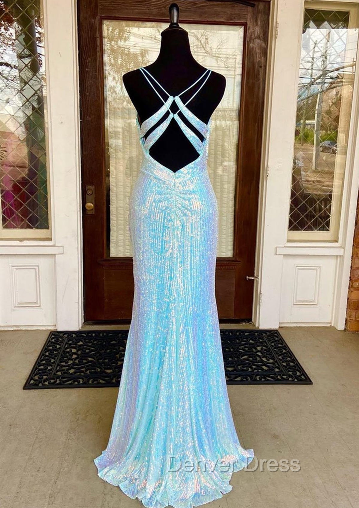 Fantasy Prom Dresses, Sheath/Column V Neck Spaghetti Straps Sweep Train Sequined Prom Dresses With Split Secondary image