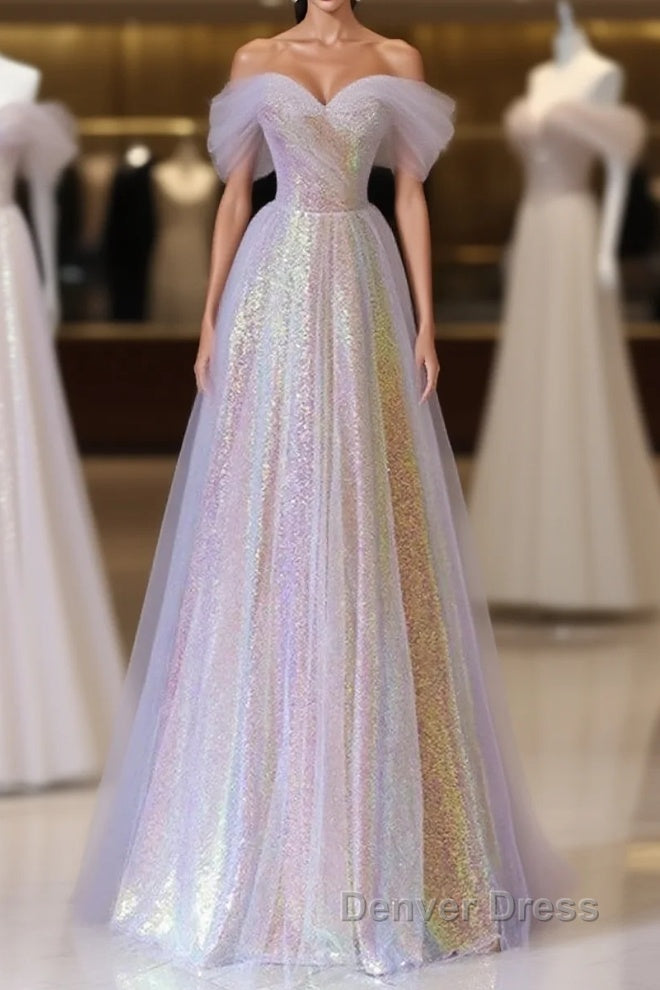 Fantasy Purple Bling Sequined Prom Dresses Off Shoulder