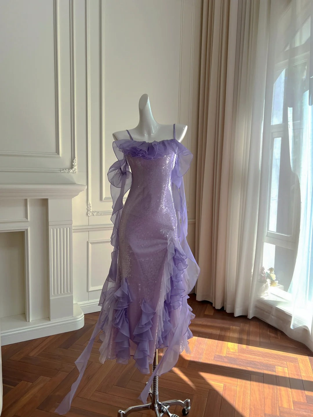 Fantasy Purple Mermaid Ruffled Tulle Sequined Long Prom Dresses Evening Dresses
