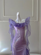 Fantasy Purple Mermaid Ruffled Tulle Sequined Long Prom Dresses Evening Dresses