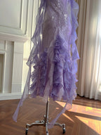 Fantasy Purple Mermaid Ruffled Tulle Sequined Long Prom Dresses Evening Dresses