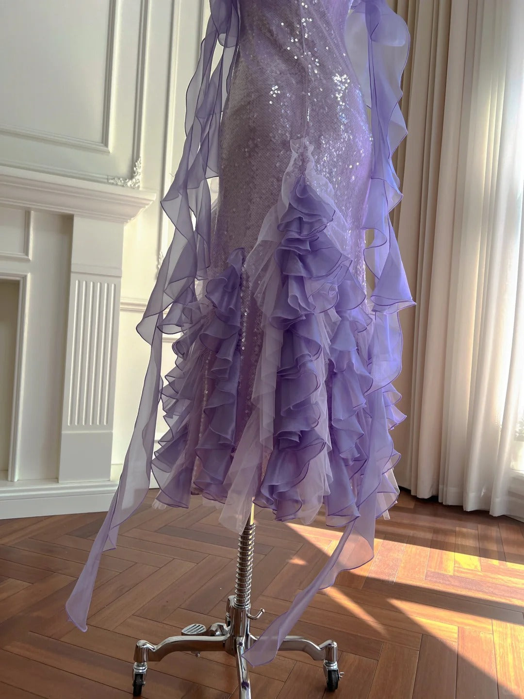 Fantasy Purple Mermaid Ruffled Tulle Sequined Long Prom Dresses Evening Dresses