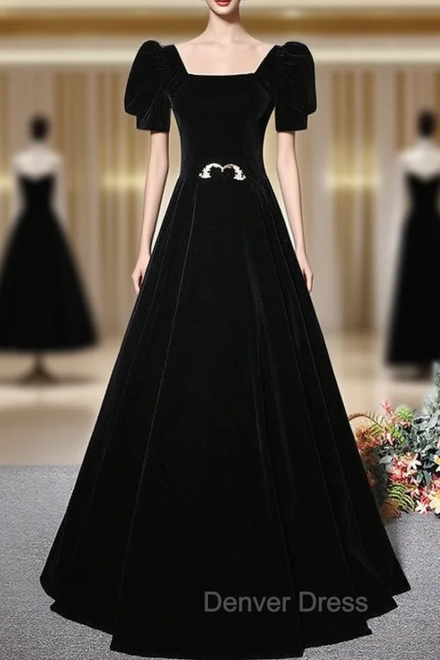 Fashion Black Velvet Short Sleeve Square Neck Prom Dresses