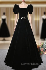 Fashion Black Velvet Short Sleeve Square Neck Prom Dresses