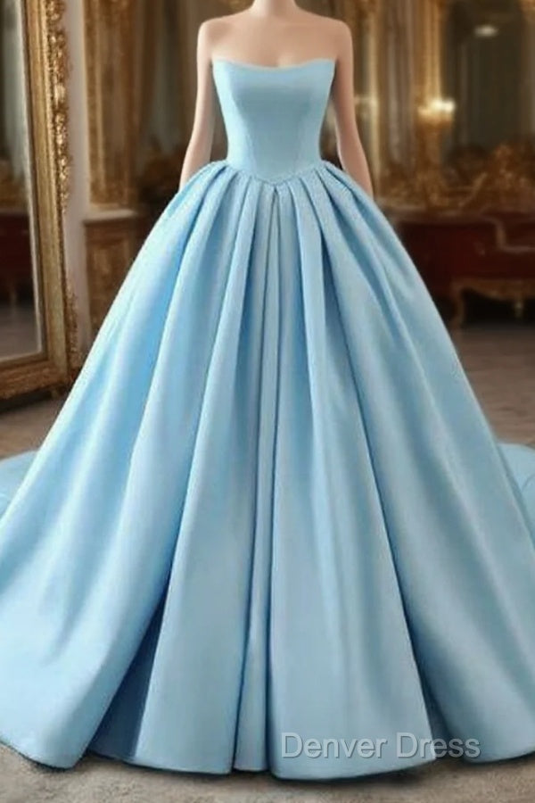 Fashion Blue Ball Gowns Strapless Pleats Wedding Dress With Train Long Prom Dresses Prom Gowns