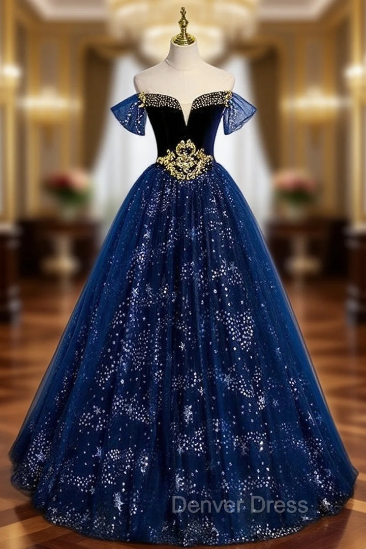 Fashion Blue Tulle Sequins Beading Off the Shoulder Prom Dresses