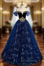 Fashion Blue Tulle Sequins Beading Off the Shoulder Prom Dresses