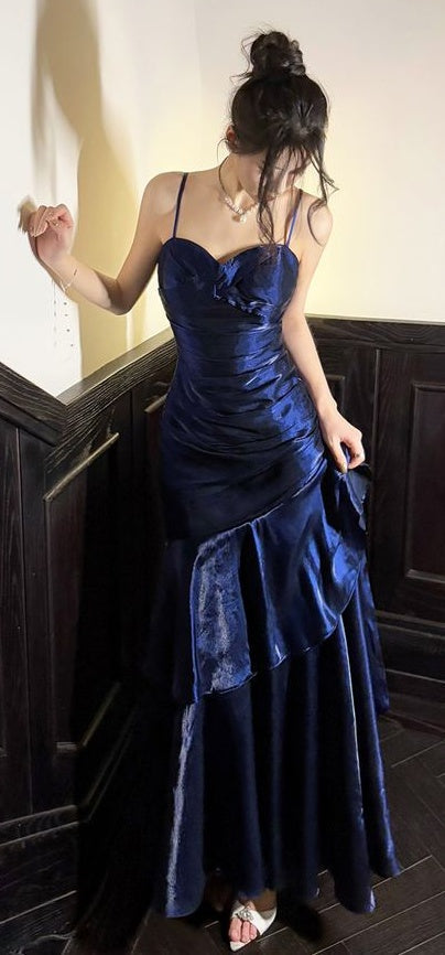 Fashion Burgundy Ruffle Long Prom Dress Spaghetti Straps Dance Dresses