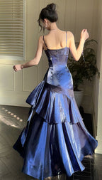 Fashion Burgundy Ruffle Long Prom Dress Spaghetti Straps Dance Dresses