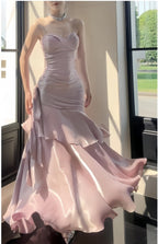 Fashion Burgundy Ruffle Long Prom Dress Spaghetti Straps Dance Dresses