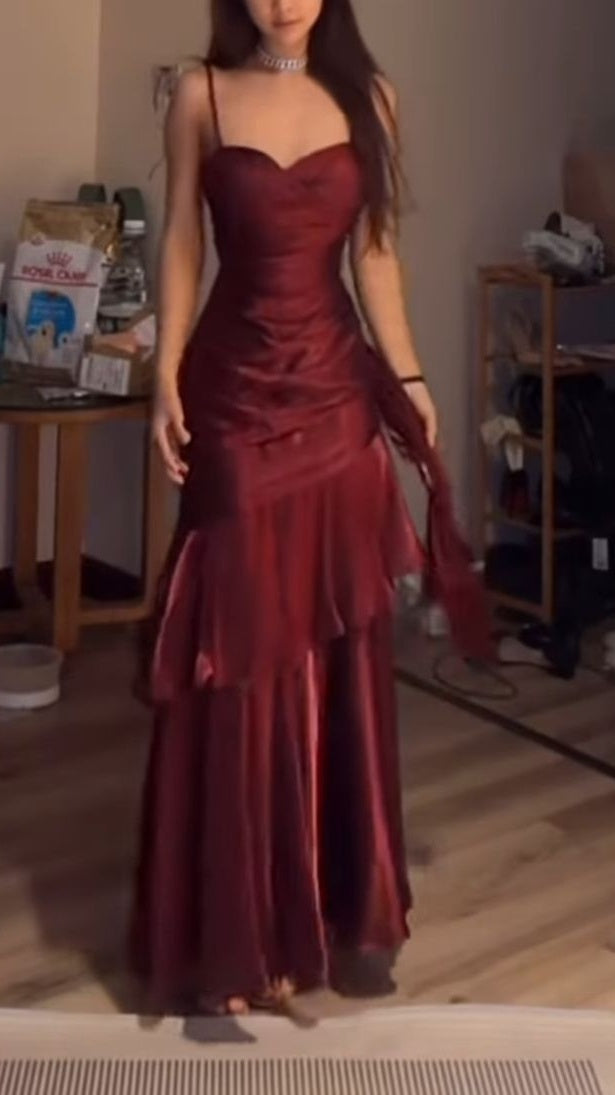 Fashion Burgundy Ruffle Long Prom Dress Spaghetti Straps Dance Dresses Secondary image