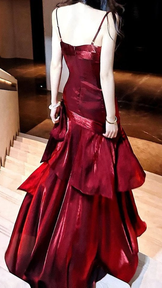 Fashion Burgundy Ruffle Long Prom Dress Spaghetti Straps Dance Dresses