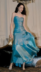 Fashion Burgundy Ruffle Long Prom Dress Spaghetti Straps Dance Dresses