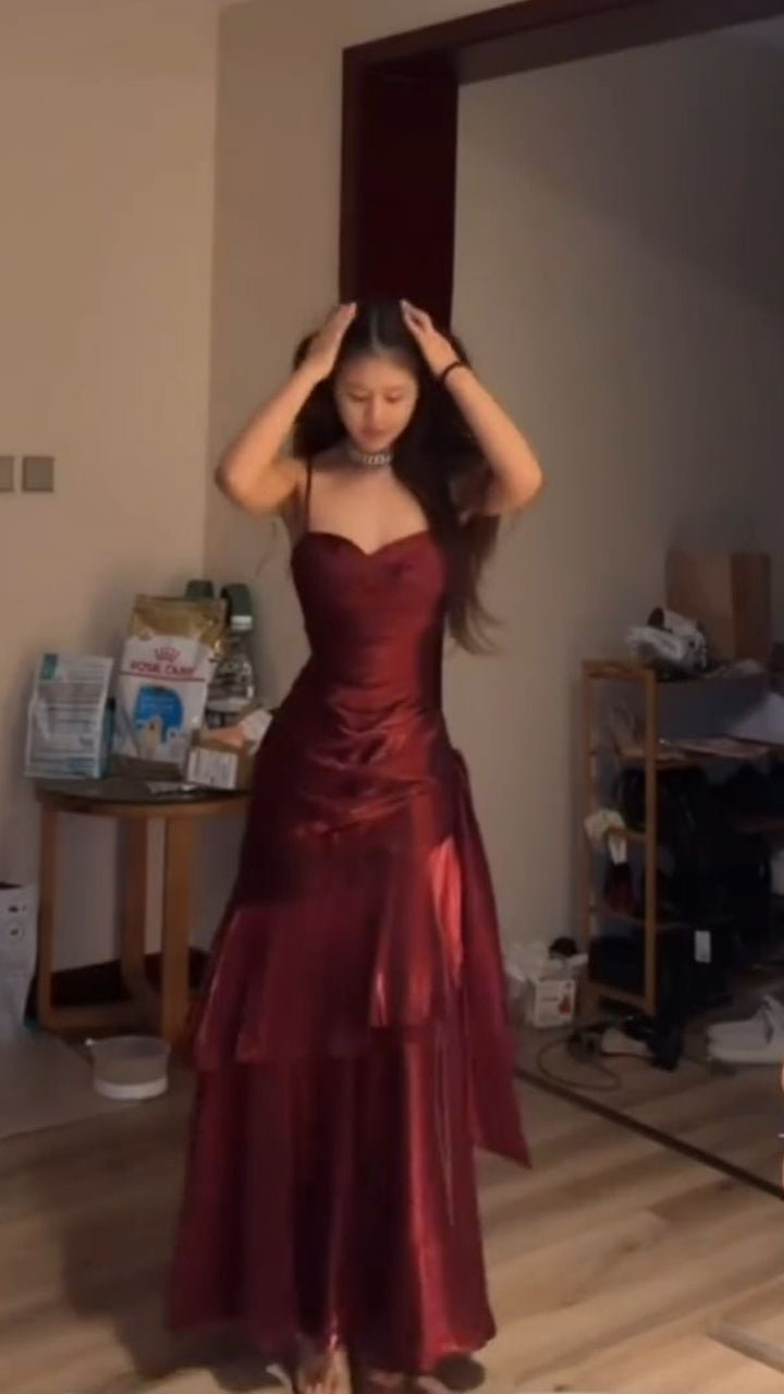 Fashion Burgundy Ruffle Long Prom Dress Spaghetti Straps Dance Dresses