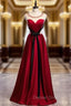 Fashion Burgundy Satin Beading Prom Dresses With Black Sash