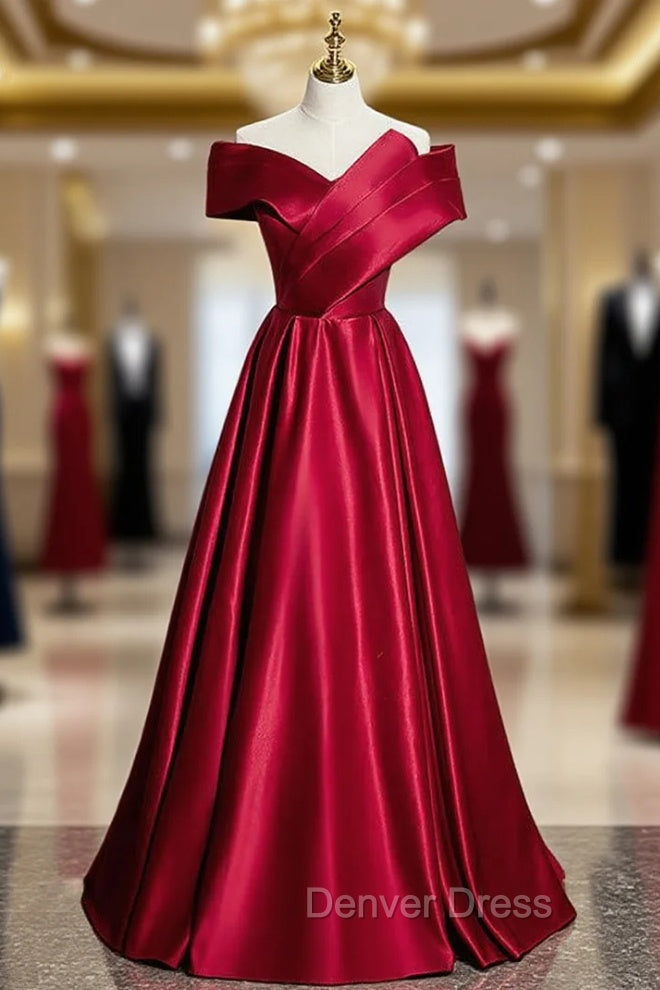 Fashion Burgundy Satin Off the Shoulder Pleats Prom Dresses