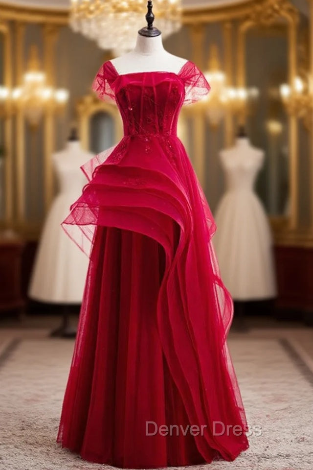 Fashion Burgundy Tulle Straps Beading Prom Dresses Main image