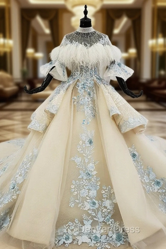 Fashion Champagne Ball Gowns Tulle Appliques Short Sleeve Wedding Dresses With Long Train