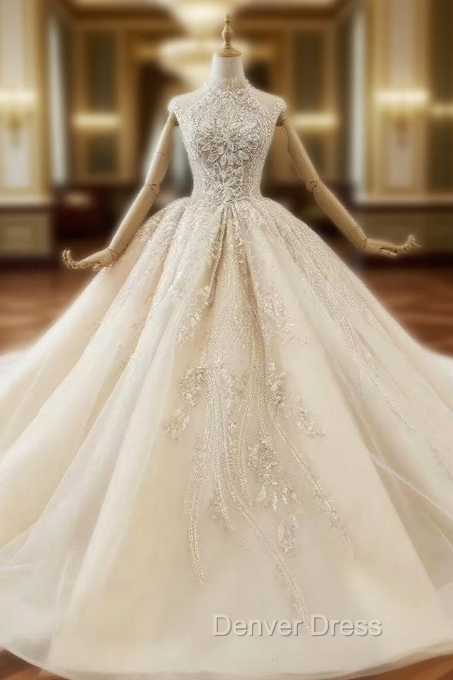Fashion Dark Champagne Tulle Sequins Beading Wedding Dresses With Train