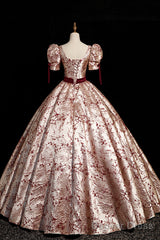 Fashion Floor-Length Printing Prom Dresses, Square Neckline Short Sleeve Backless Bow Sash Prom Formal Dresses