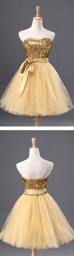 Fashion Gold Sequins Bow Sash Sweetheart Strapless Short Cute Homecoming Dresses