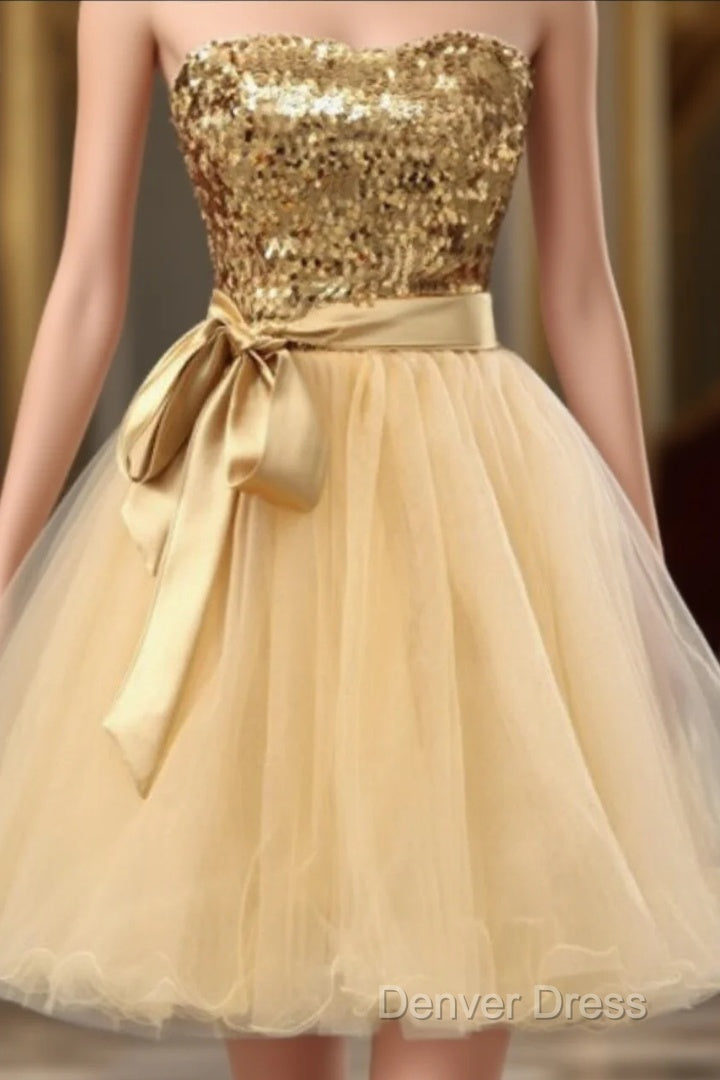 Fashion Gold Sequins Bow Sash Sweetheart Strapless Short Cute Homecoming Dresses Main image
